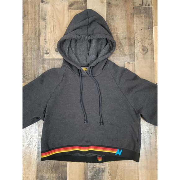 Aviator Nation Womens Small Cropped Dark Gray Hoodie Pullover Sweater w/ Stripe - Picture 2 of 9